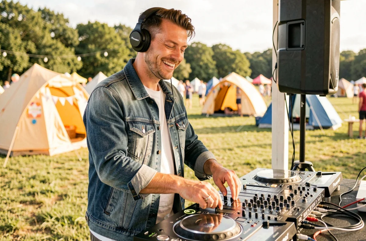 DJ Alex 4865 mixant en plein air lors d'une fête estivale dans le Pas-de-Calais