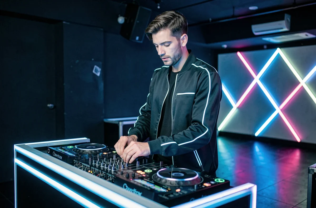 DJ Néon en performance dans un club avec des éclairages néon caractéristiques