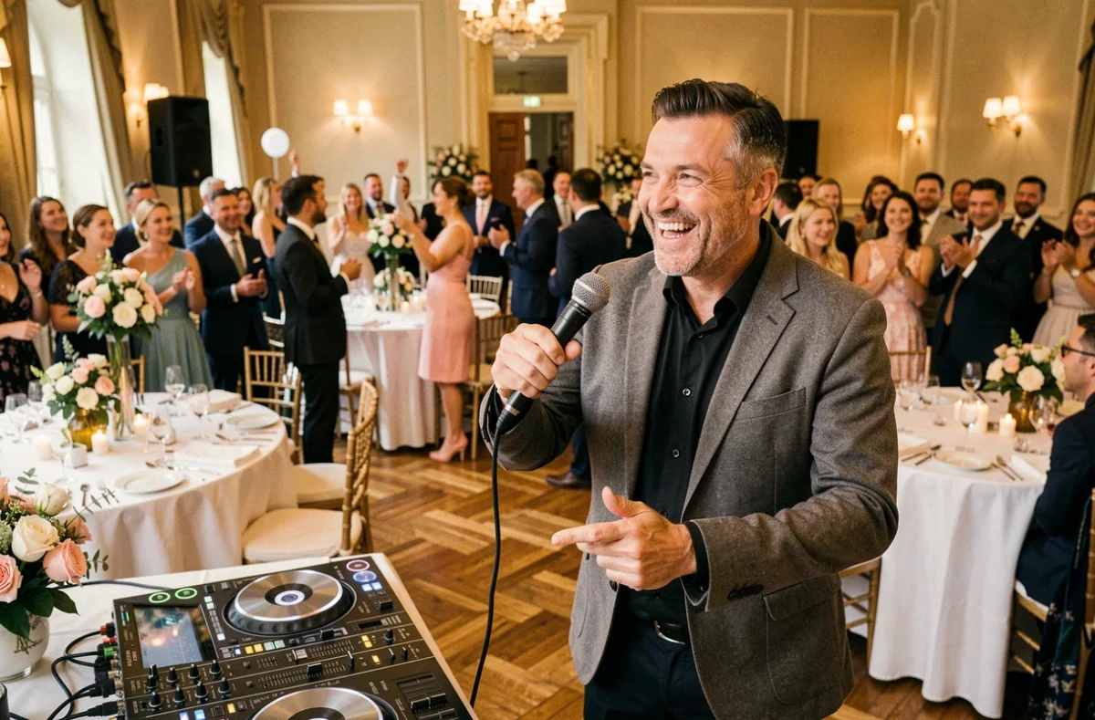Djmanfred Animmix animant une soirée de mariage avec un micro devant une salle de réception décorée