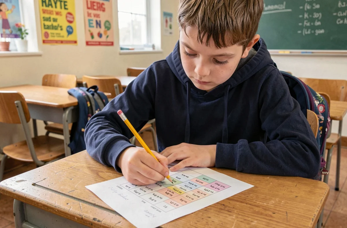 Élève de 6e annotant un tableau de conversion des kilogrammes sur une feuille imprimée en classe