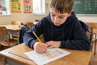 Élève de 6e annotant un tableau de conversion des kilogrammes sur une feuille imprimée en classe