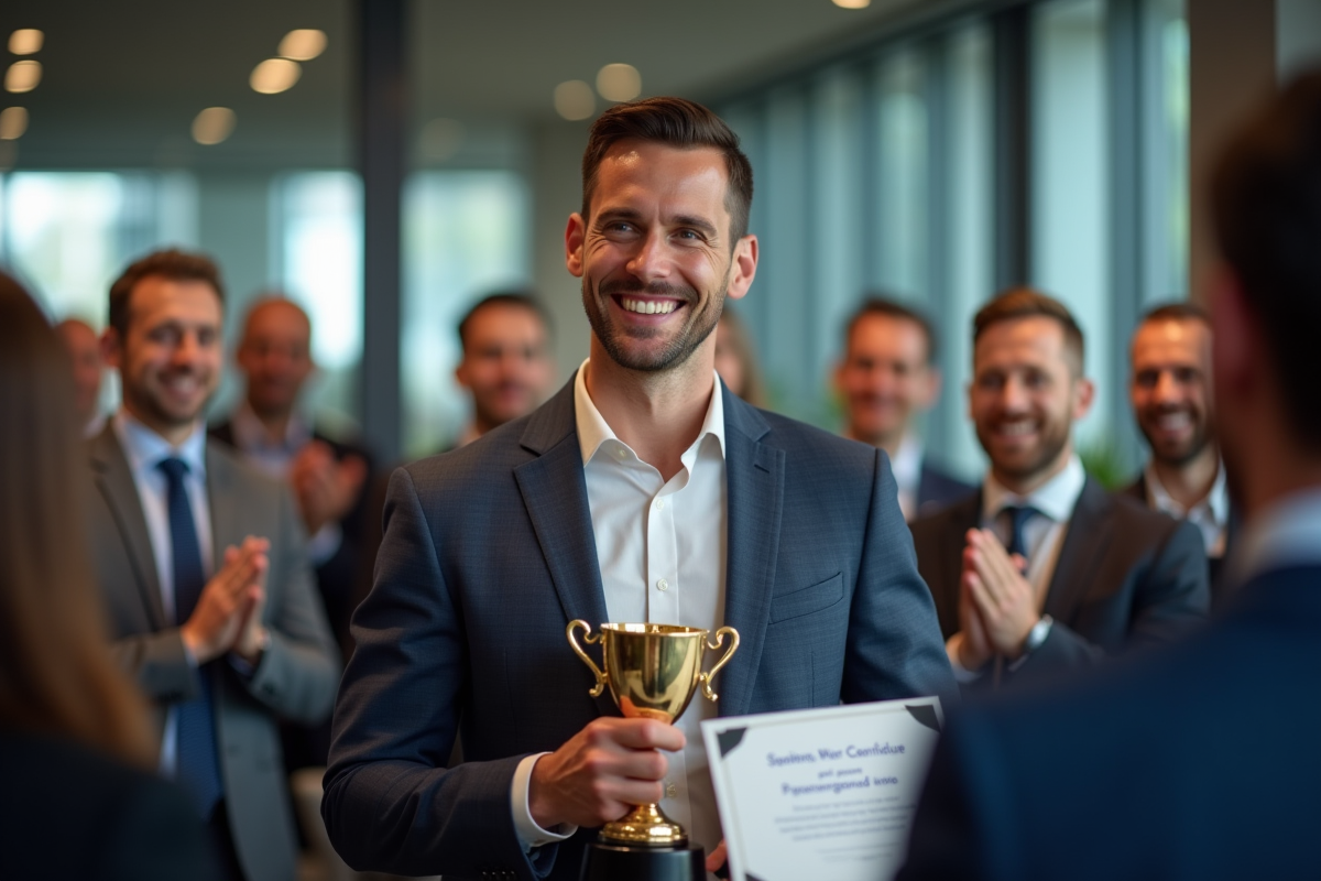 Employe souriant tenant un trophée lors d