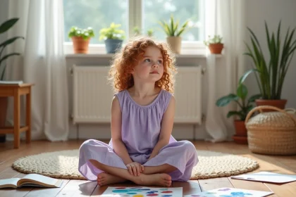 Jeune fille intuitive et créative assise entourée de peintures aquarelle dans une pièce lumineuse, illustrant l'aura violette chez l'enfant