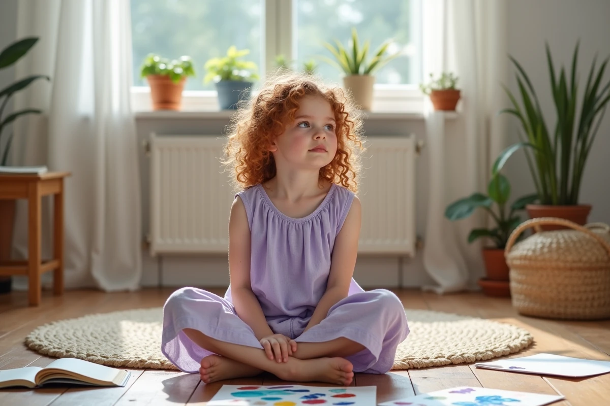 Jeune fille intuitive et créative assise entourée de peintures aquarelle dans une pièce lumineuse, illustrant l'aura violette chez l'enfant