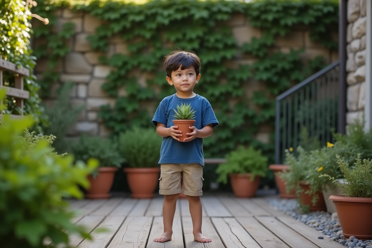 Jeune garçon sensible et introspectif tenant une plante dans un jardin verdoyant, représentant la profondeur spirituelle d'un enfant à aura violette