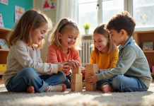 Groupe d'enfants jouant avec des blocs en classe lumineuse