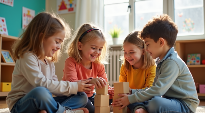 Groupe d'enfants jouant avec des blocs en classe lumineuse