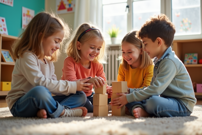 Groupe d'enfants jouant avec des blocs en classe lumineuse