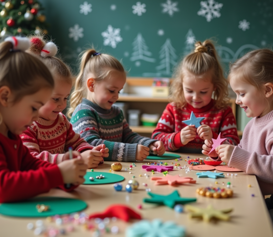 Activités de Noël pour la maternelle : dix idées créatives et ludiques Enfants de 4 à 5 ans créant des décorations de Noël