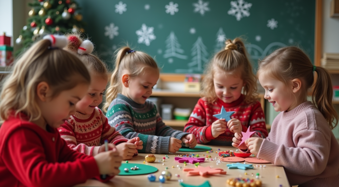 Activités de Noël pour la maternelle : dix idées créatives et ludiques Enfants de 4 à 5 ans créant des décorations de Noël