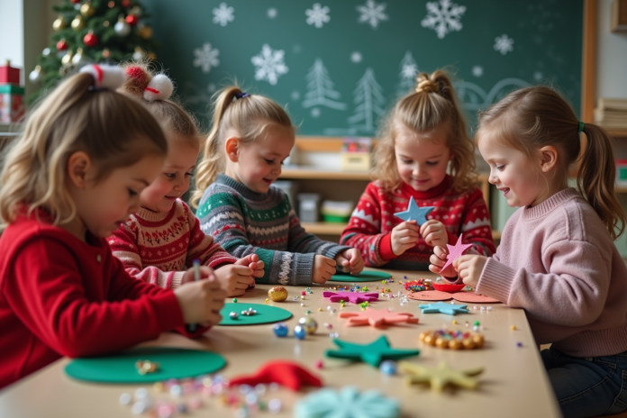 enfants-noel-felts-diy Enfants de 4 à 5 ans créant des décorations de Noël