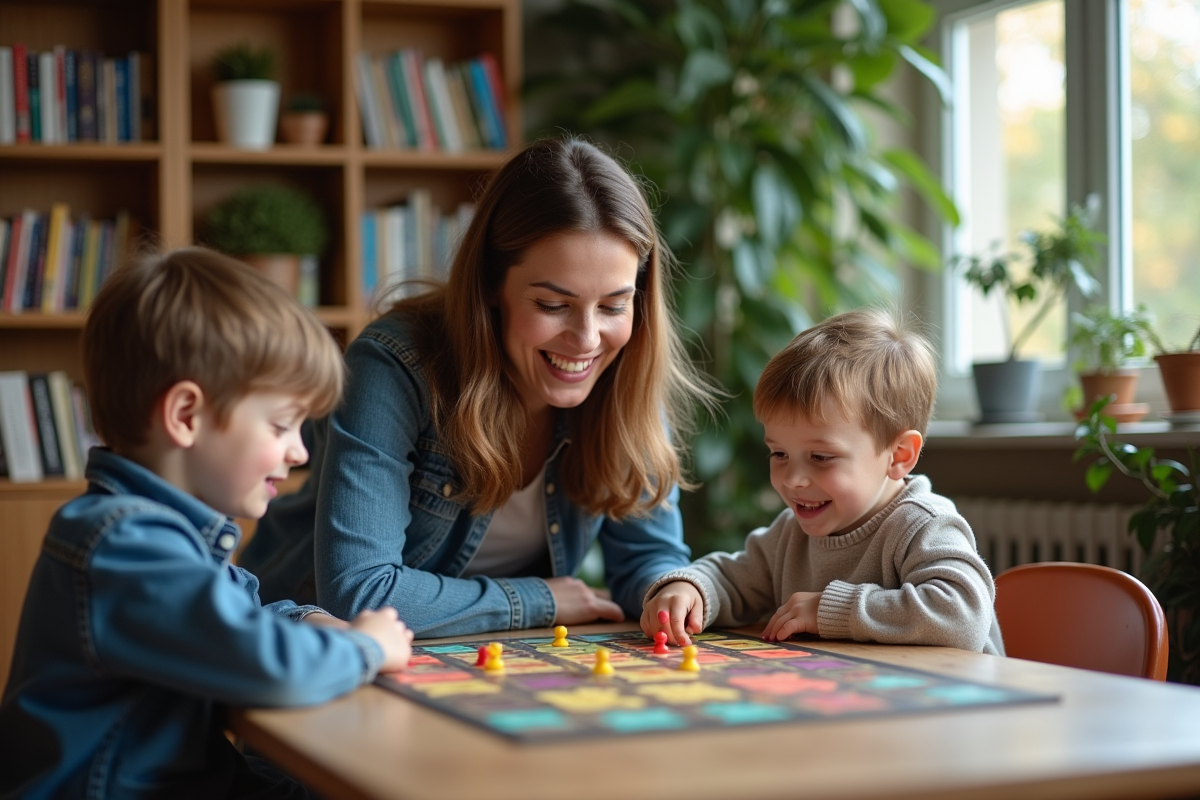 Jeune enseignante jouant avec des enfants à un jeu éducatif