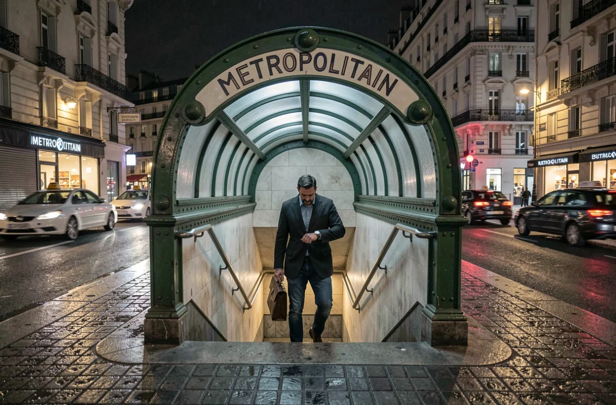 Entrée du métro parisien ligne 4 la nuit avec passager descendant l'escalier sur pavés mouillés