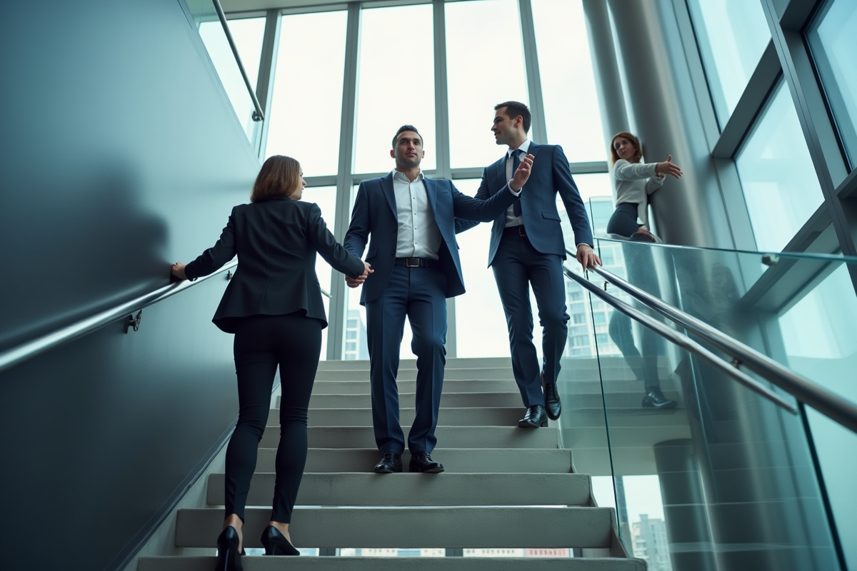 Groupe de professionnels montant un escalier en équipe