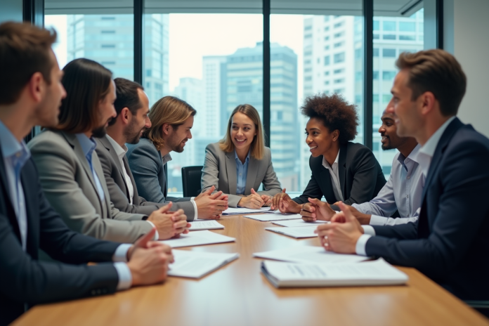 Groupe de professionnels en réunion dans un bureau moderne