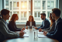 Groupe professionnel lors d'une réunion en salle lumineuse