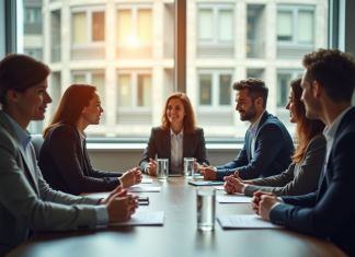 Les succès du comité d’entreprise de Loxam : études de cas Groupe professionnel lors d'une réunion en salle lumineuse