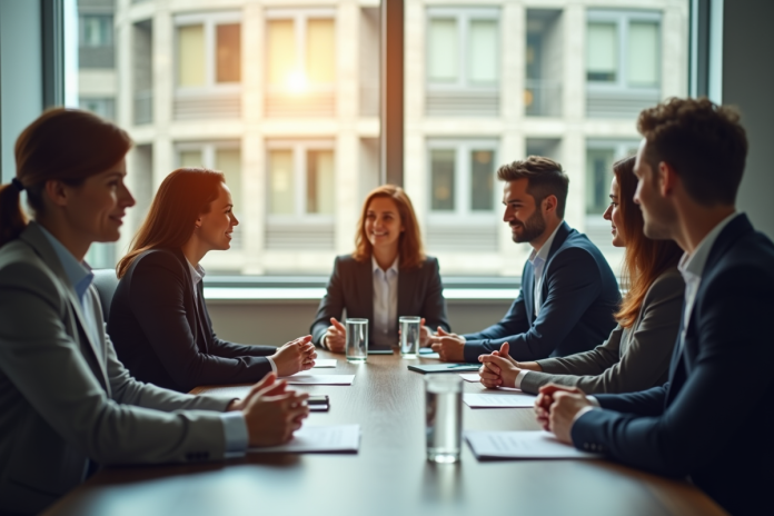 Groupe professionnel lors d'une réunion en salle lumineuse