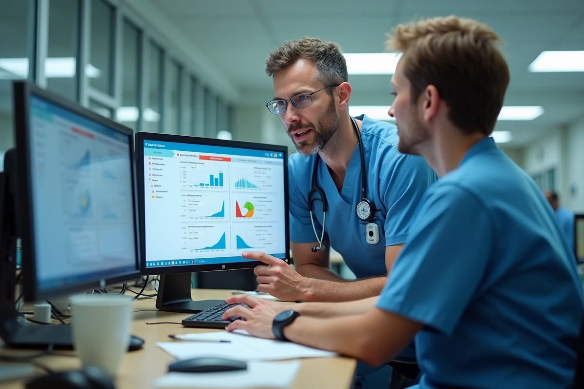 Deux professionnels de santé analysant ensemble un tableau de bord de dosimétrie sur ordinateur dans un bureau hospitalier
