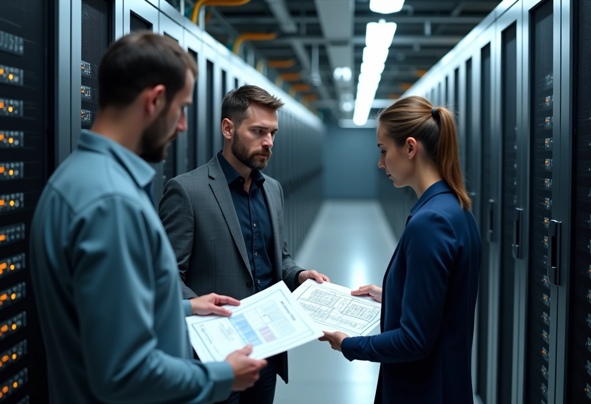 Groupe de spécialistes IT discutant autour d’un serveur en data center