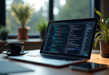 Espace de travail moderne avec ordinateur et chatbot
