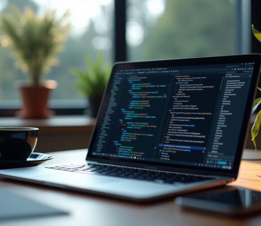 Espace de travail moderne avec ordinateur et chatbot