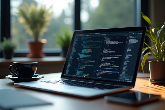 Espace de travail moderne avec ordinateur et chatbot