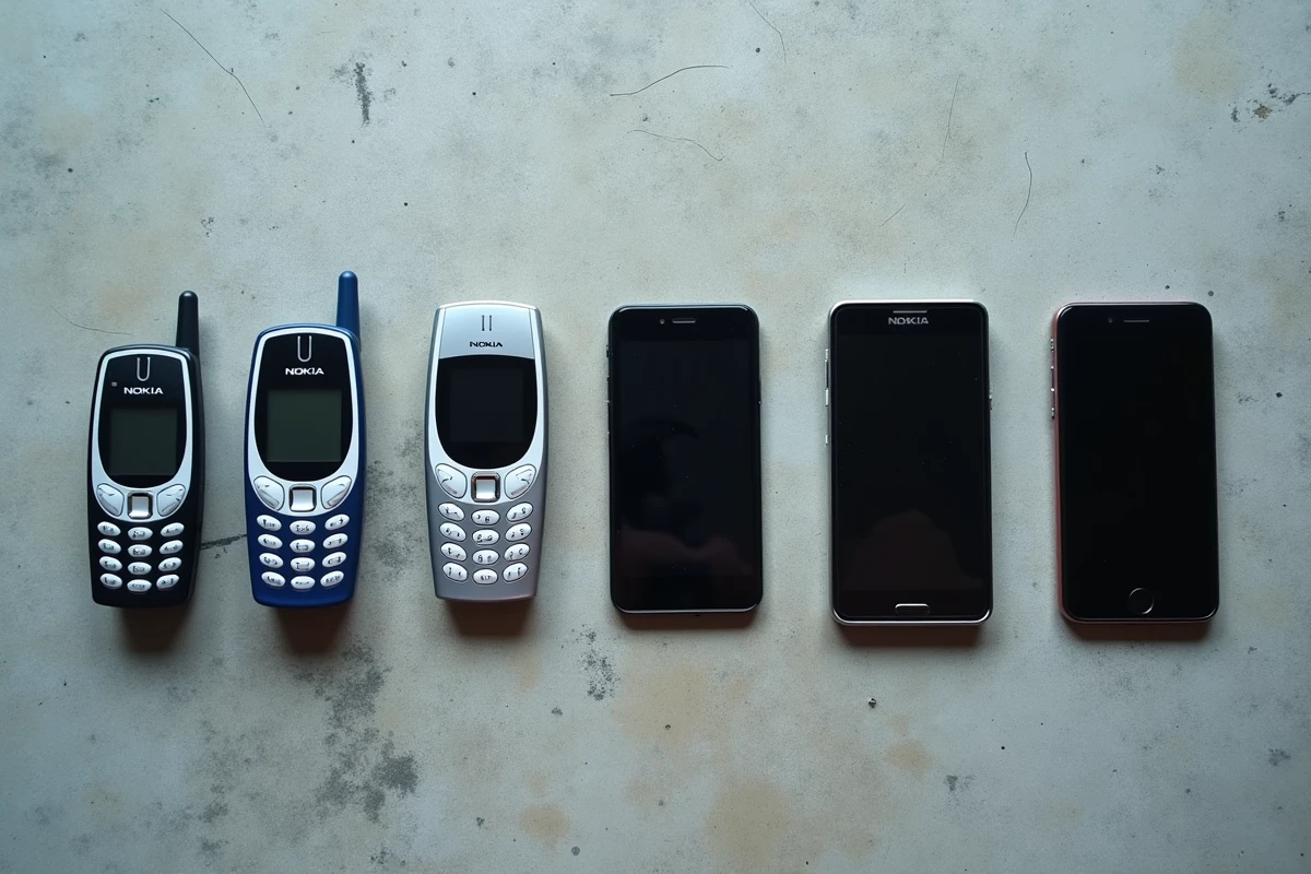 Frise chronologique de téléphones Nokia anciens modèles disposés à plat aux côtés de smartphones actuels, mettant en évidence l'évolution de la robustesse et du design.