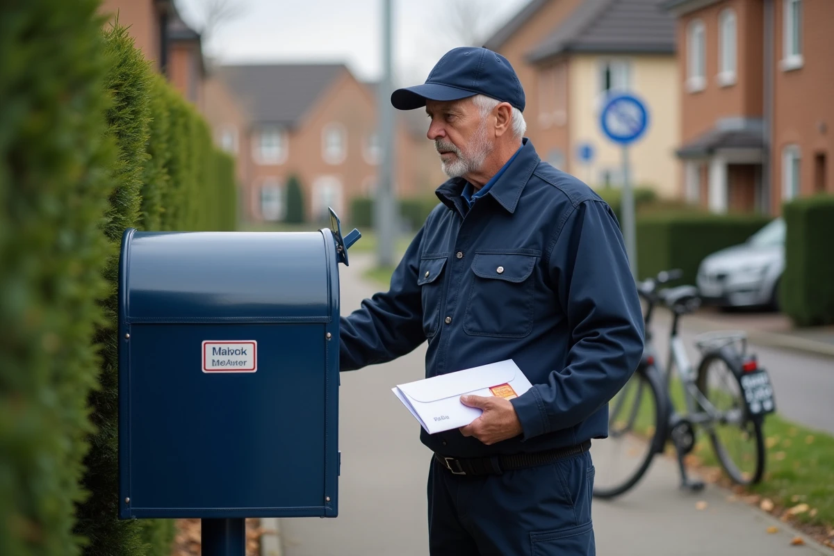 Facteur en uniforme déposant une enveloppe dans une boîte aux lettres dans un quartier résidentiel