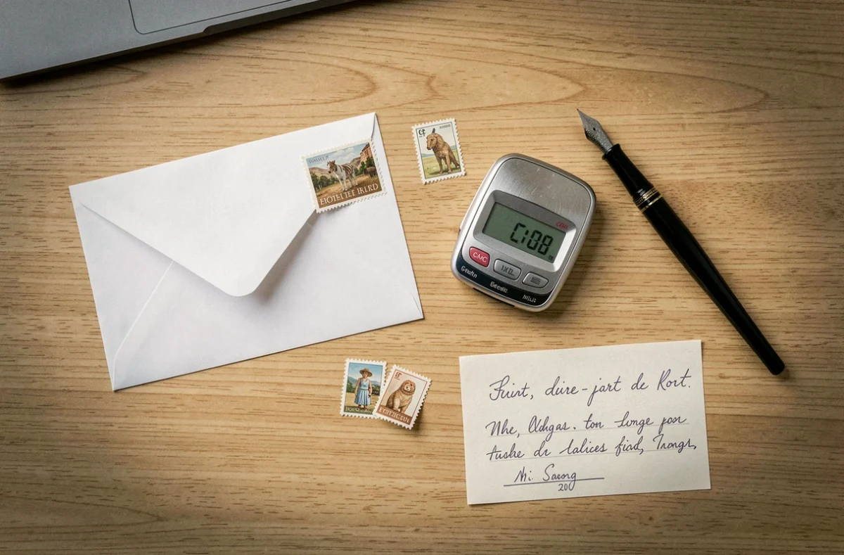 Vue du dessus d'un faire-part, de timbres et d'une balance postale numérique sur un bureau en bois clair