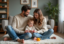 Pacs et enfant: avantages et intérêt de cette union civile Jeune couple avec enfant dans un salon chaleureux