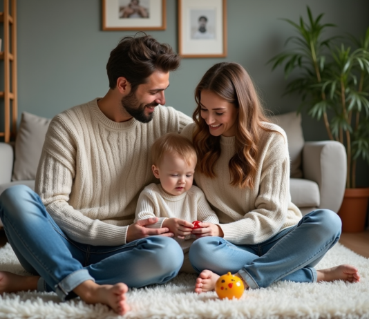 Pacs et enfant: avantages et intérêt de cette union civile Jeune couple avec enfant dans un salon chaleureux