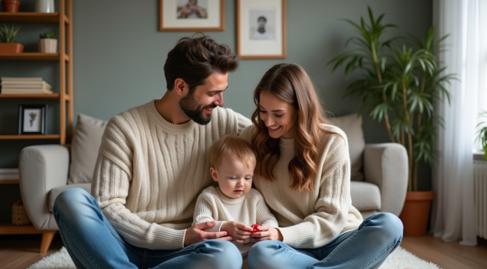Pacs et enfant: avantages et intérêt de cette union civile Jeune couple avec enfant dans un salon chaleureux