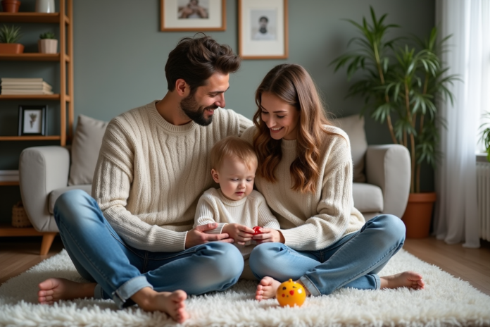 famille-couple-toddler-cozy Jeune couple avec enfant dans un salon chaleureux