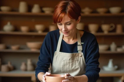 Femme de 45 ans façonnant un bol en céramique sur un tour de potier dans un atelier artisanal chaleureux
