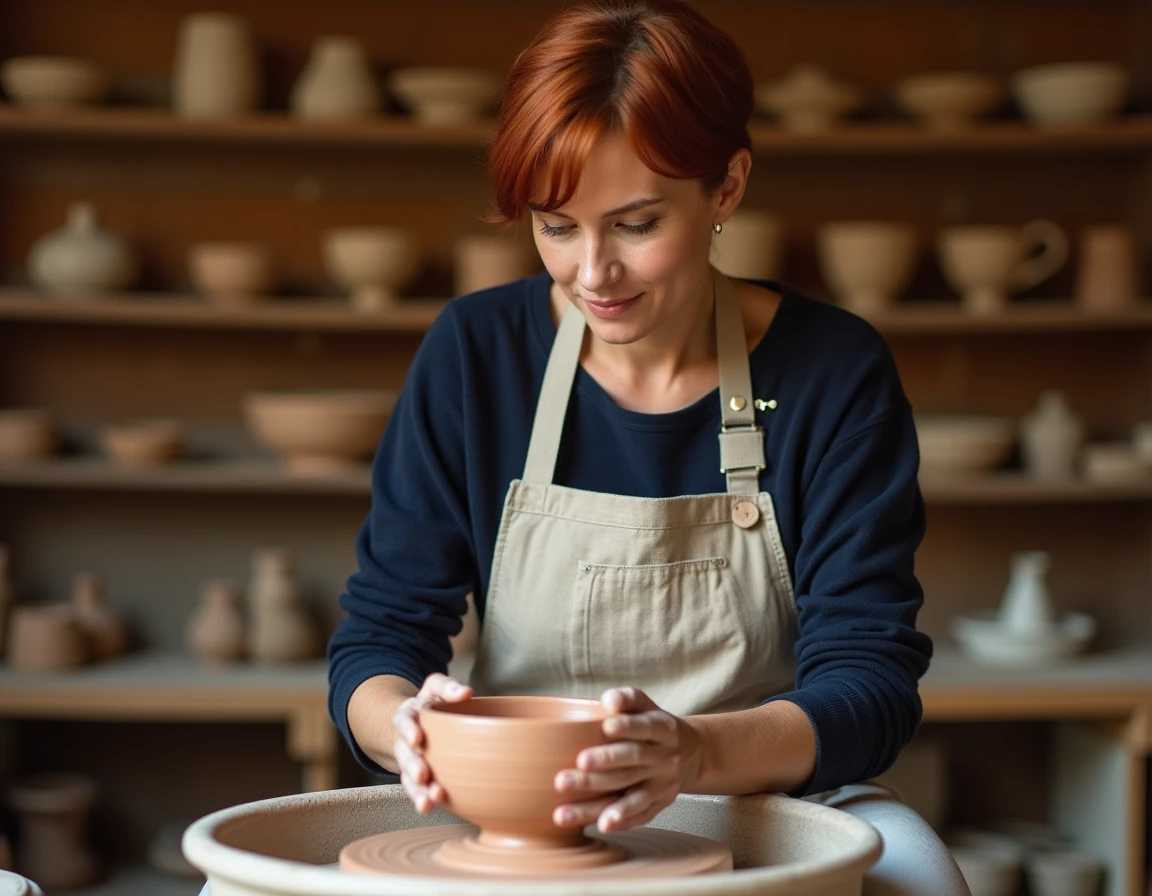 Femme de 45 ans façonnant un bol en céramique sur un tour de potier dans un atelier artisanal chaleureux