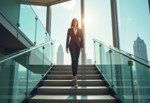 Femme d'affaires confiante au sommet d'un escalier moderne
