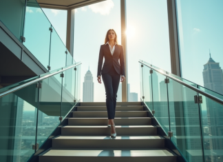 Comment grimper l’échelle corporative : le parcours d’un cadre supérieur Femme d'affaires confiante au sommet d'un escalier moderne