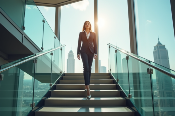 Femme d'affaires confiante au sommet d'un escalier moderne