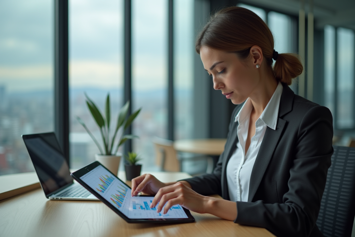 Femme d'affaires analysant des graphiques financiers modernes