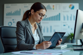 Femme d affaires analysant des données sur une tablette en bureau