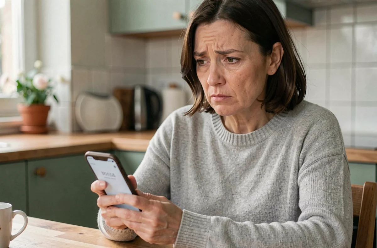Femme consultant son smartphone avec méfiance après avoir reçu un appel d'un numéro inconnu gratuit