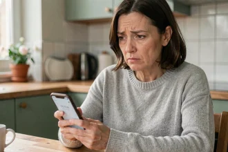 Femme consultant son smartphone avec méfiance après avoir reçu un appel d'un numéro inconnu gratuit