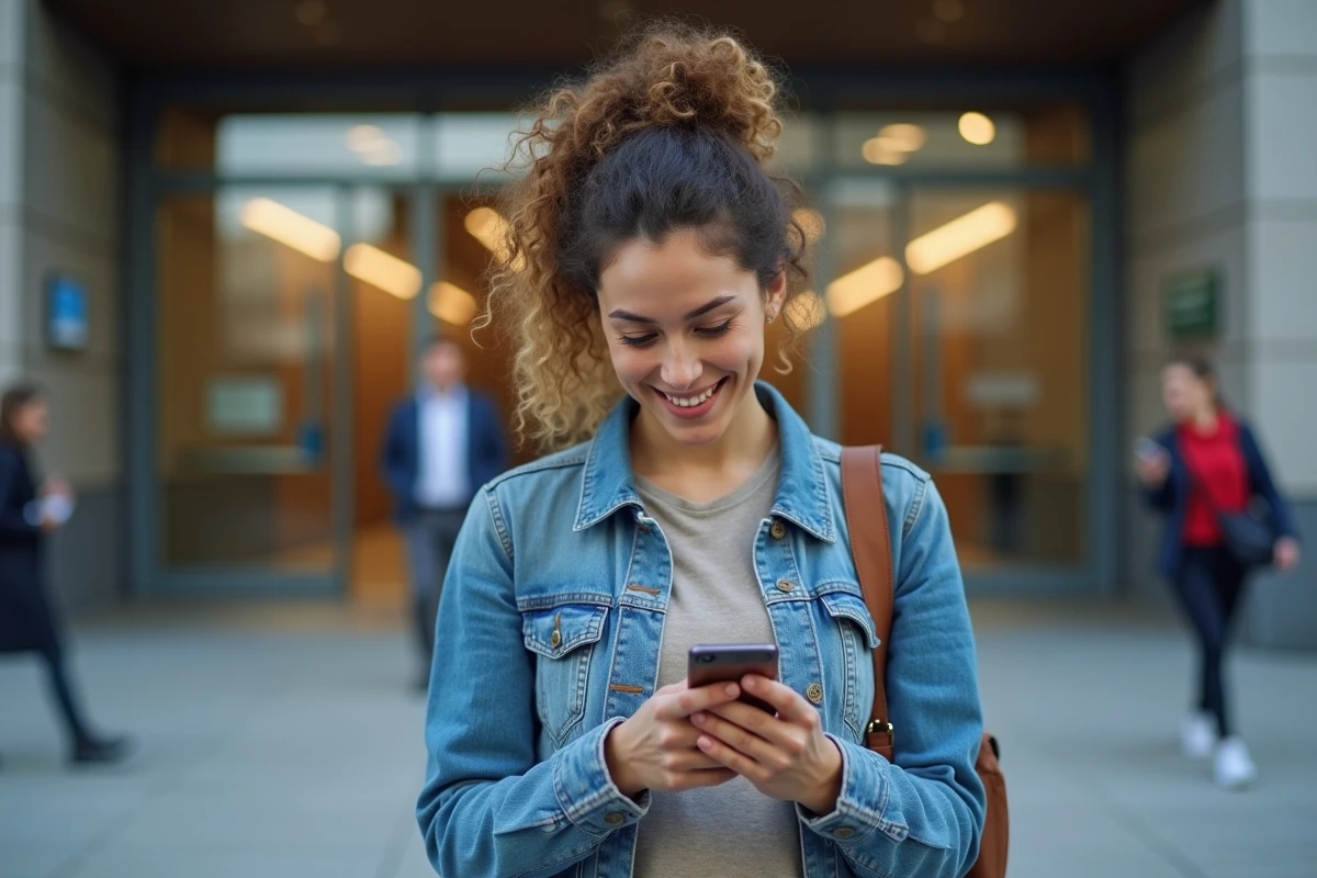 Femme dans une bibliothèque publique utilisant son smartphone