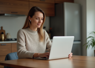 Achat en ligne : quel sexe achète le plus ? Analyse et tendances Femme assise à la table cuisine en ligne shopping