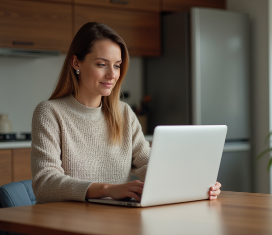 Femme assise à la table cuisine en ligne shopping