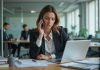 Femme en bureau moderne travaillant avec ordinateur et téléphone
