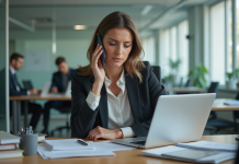 Femme en bureau moderne travaillant avec ordinateur et téléphone