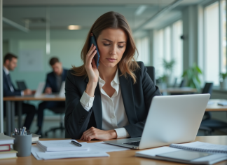 Inconvénients de la flexibilité : comment les minimiser ? Femme en bureau moderne travaillant avec ordinateur et téléphone