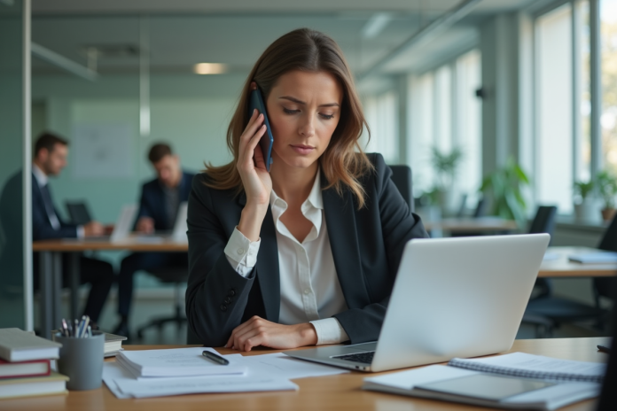 femme-bureau-ordinateur-phone Femme en bureau moderne travaillant avec ordinateur et téléphone